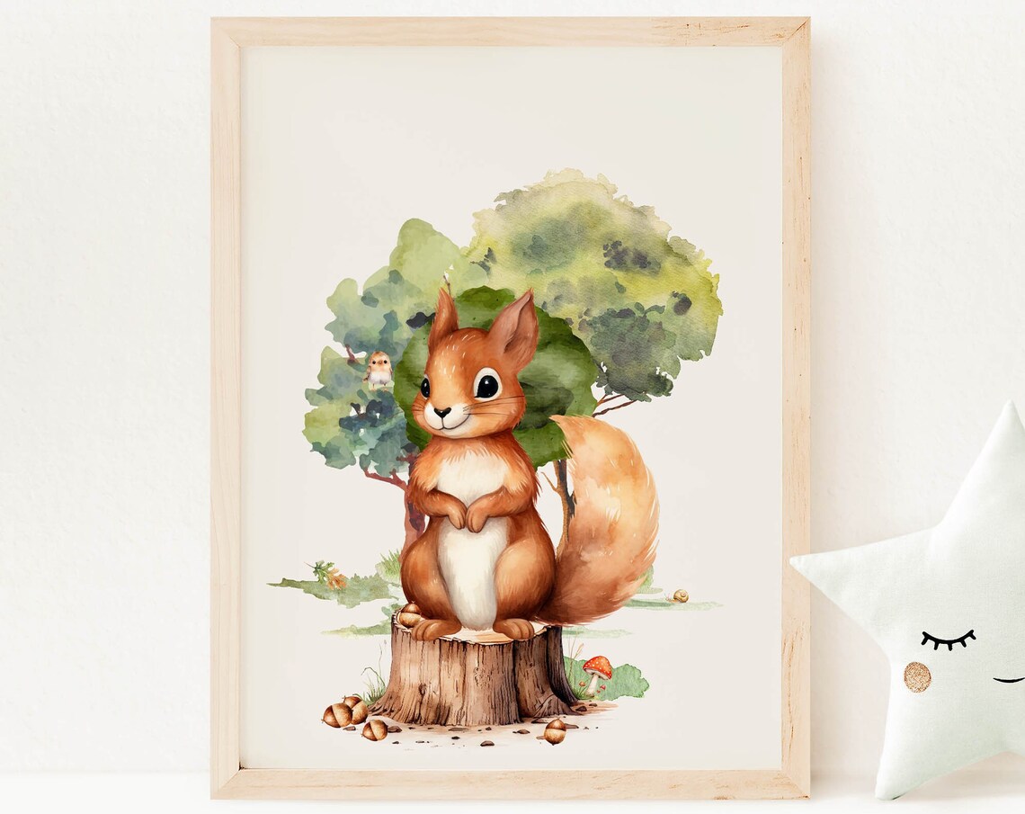 Red Squirrel On Tree Stump Watercolor Woodland Nursery Animal Poster