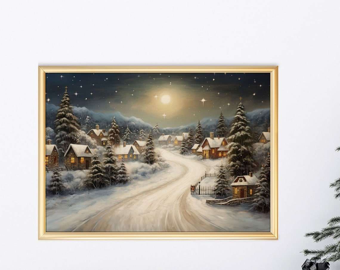 Vintage Christmas Village Wall Art Vintage Christmas Winter Night Wall Art Farmhouse Christmas Decor Xmas Town Painting Xmasv1
