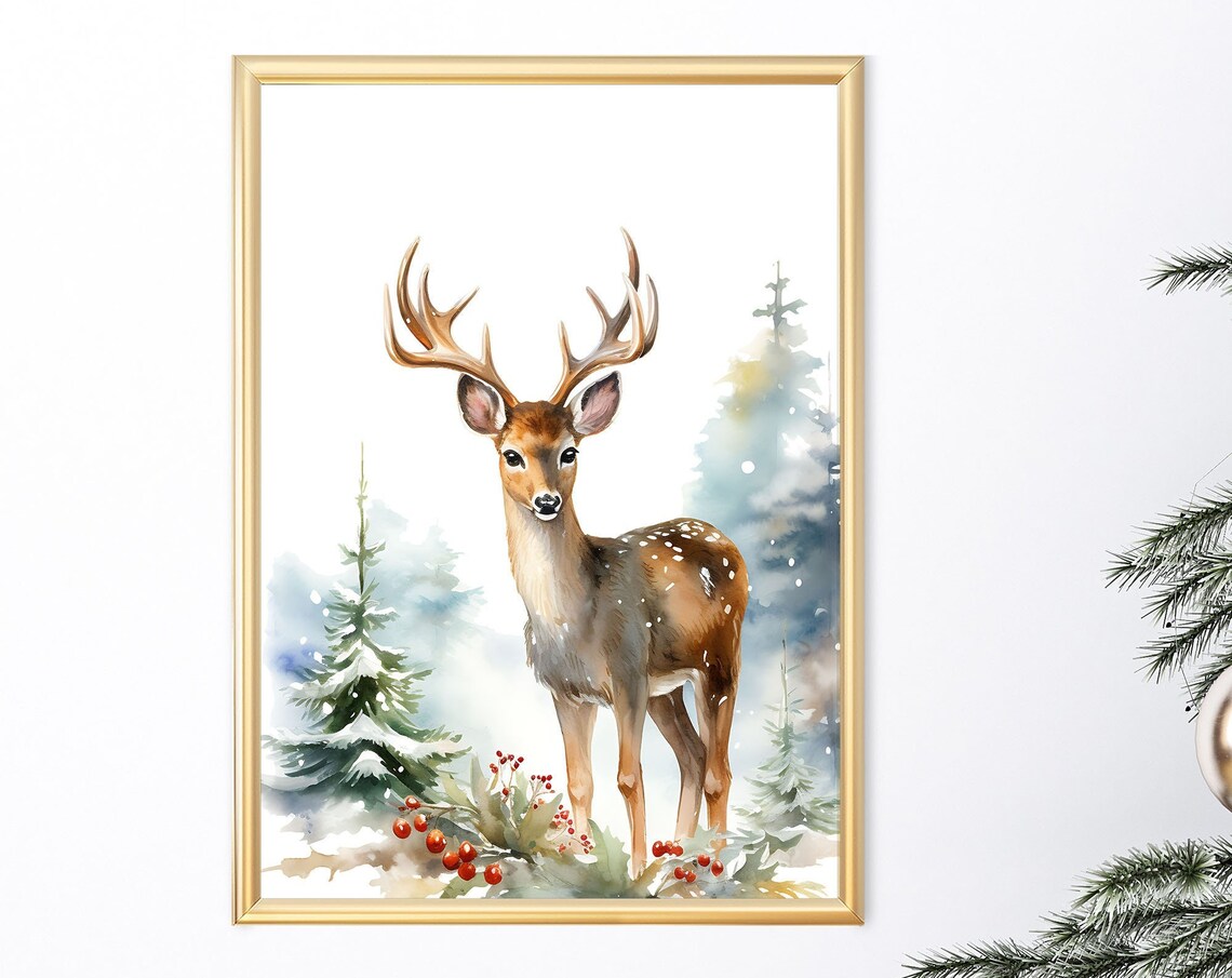 Watercolor Deer Antlers Snowy Forest Red Berries Winter Poster
