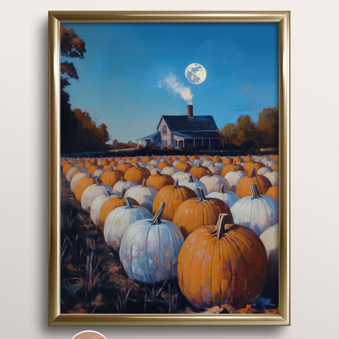Spooky Pumpkin Patch Farmhouse Full Moon Fall Harvest Art Poster