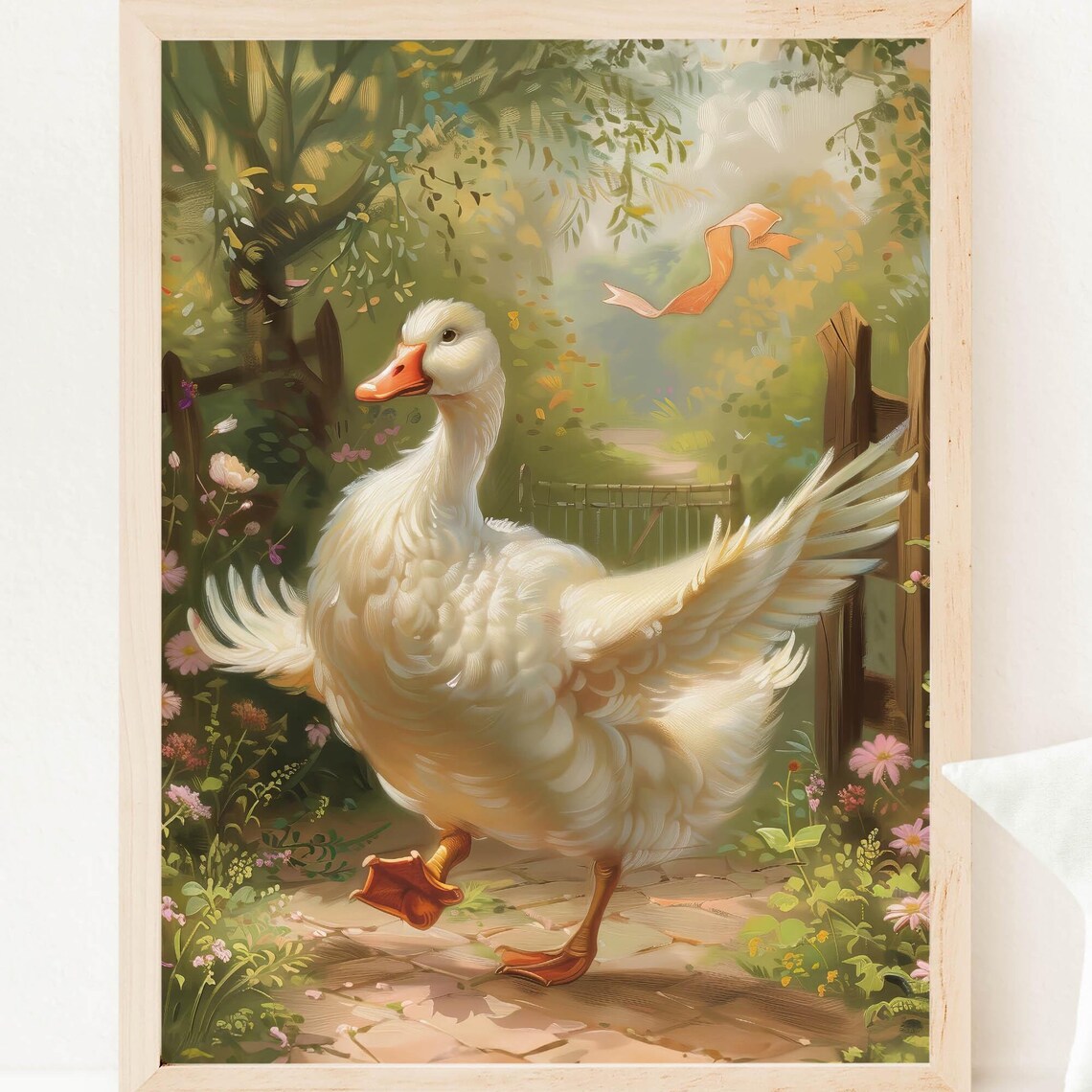 Silly White Goose Strutting Flower Garden Path Whimsical Kids Poster