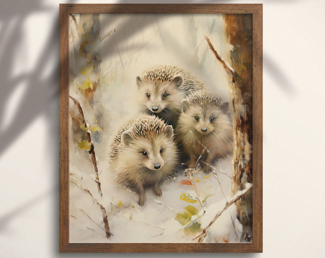 Cute Baby Hedgehogs Snowy Forest Winter Woodland Nursery Art Print