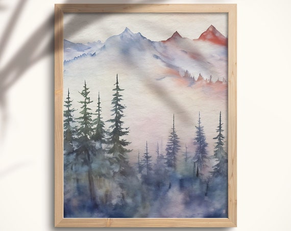 Nature Inspired Home Dcor Watercolor Forest Pink Mountain Art Print Landscape Wall Art Blue Boho Art Pwm01