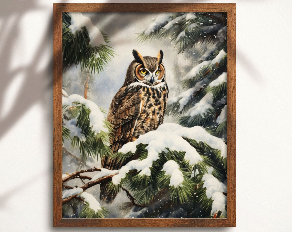 Great Horned Owl Snowy Pine Forest Winter Wildlife Art Print