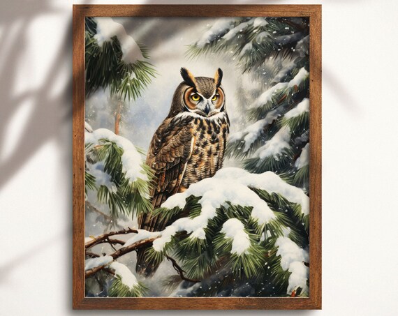 Great Horned Owl Snowy Pine Forest Winter Wildlife Art Print