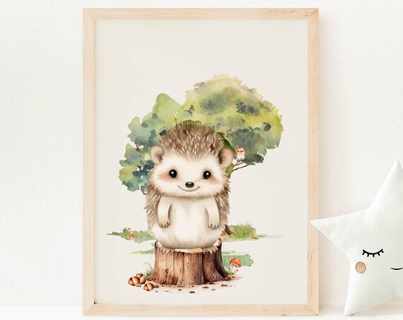 Smiling Hedgehog Tree Stump Watercolor Woodland Nursery Poster