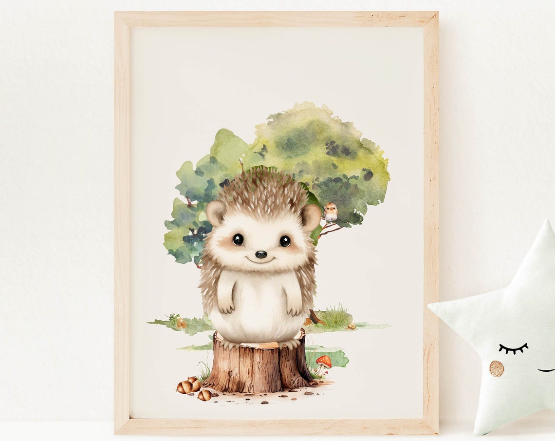 Smiling Hedgehog Tree Stump Watercolor Woodland Nursery Poster