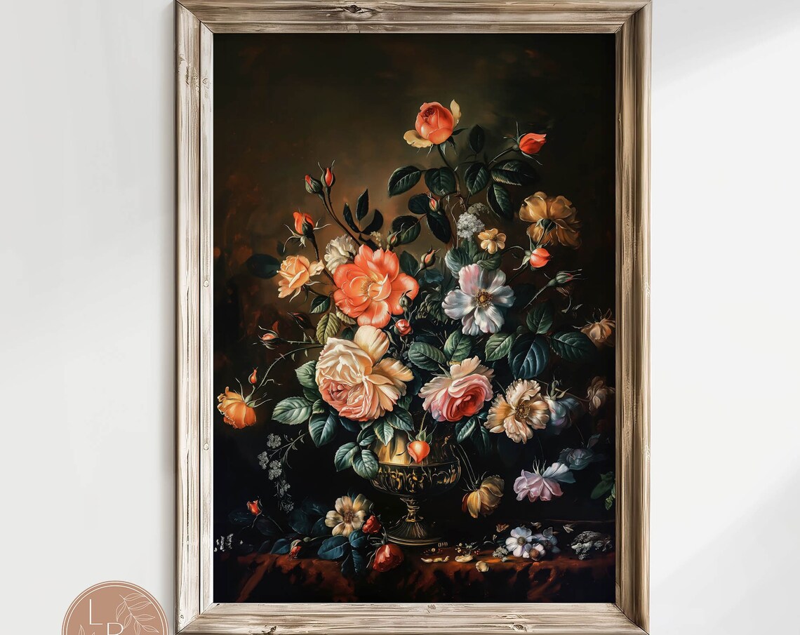 Romantic Rose Bouquet Still Life Painting Dark Floral Vintage Poster