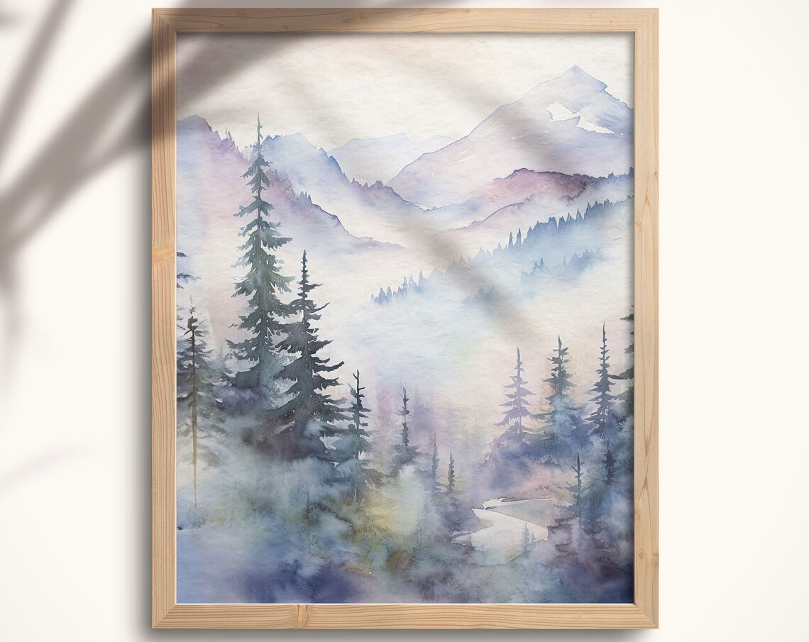 Misty Pine Forest Mountain Foggy Watercolor Landscape Art Print