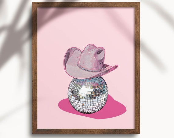 Preppy Disco Ball Pink Cowgirl Hat Wall Art Dorm Room Dcor Print Funky Disco Preppy Pink Girl Aesthetic Poster West02