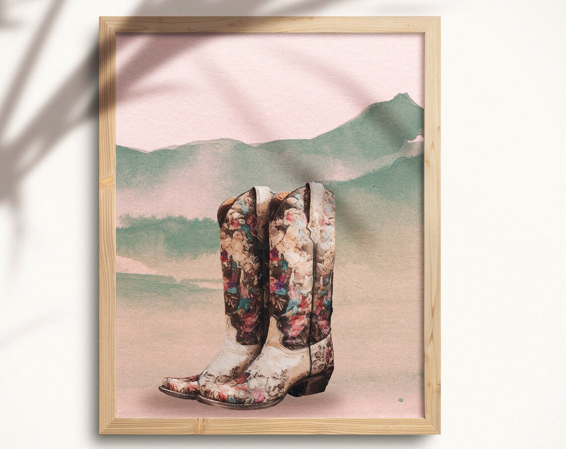 Floral Cowboy Boots Desert Mountain Western Watercolor Poster