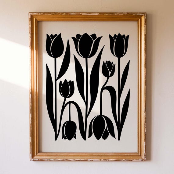 Beige Black Floral Scandinavian Folk Print Abstract Botanical Norwegian Art Nordic Living Room Modern Wall Decor
