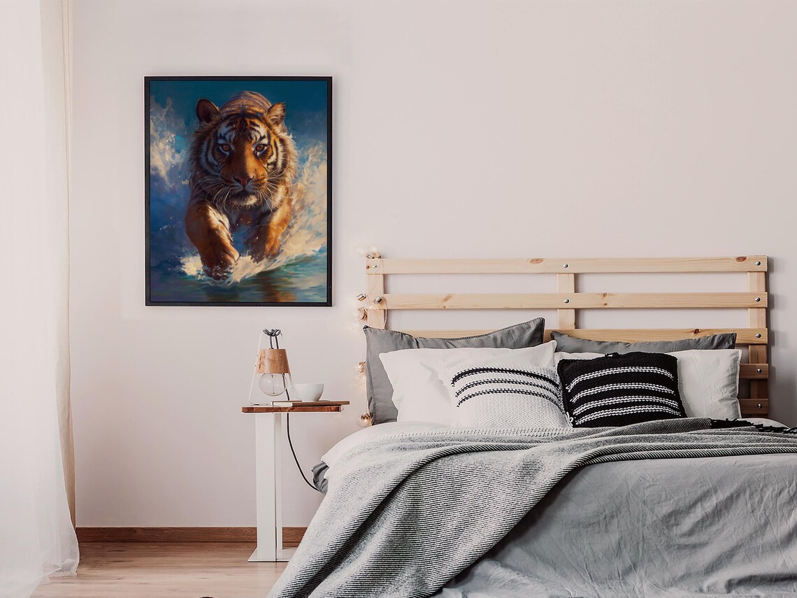 Majestic Tiger Charging Through Splashing Water Oil Painting Poster - Image 7