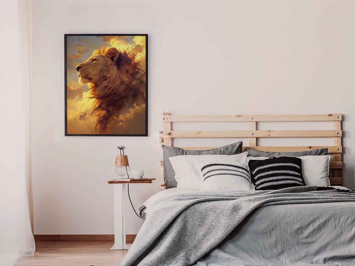 Lion in Profile Against Golden Sunset Clouds Painted Wildlife Poster - Image 6