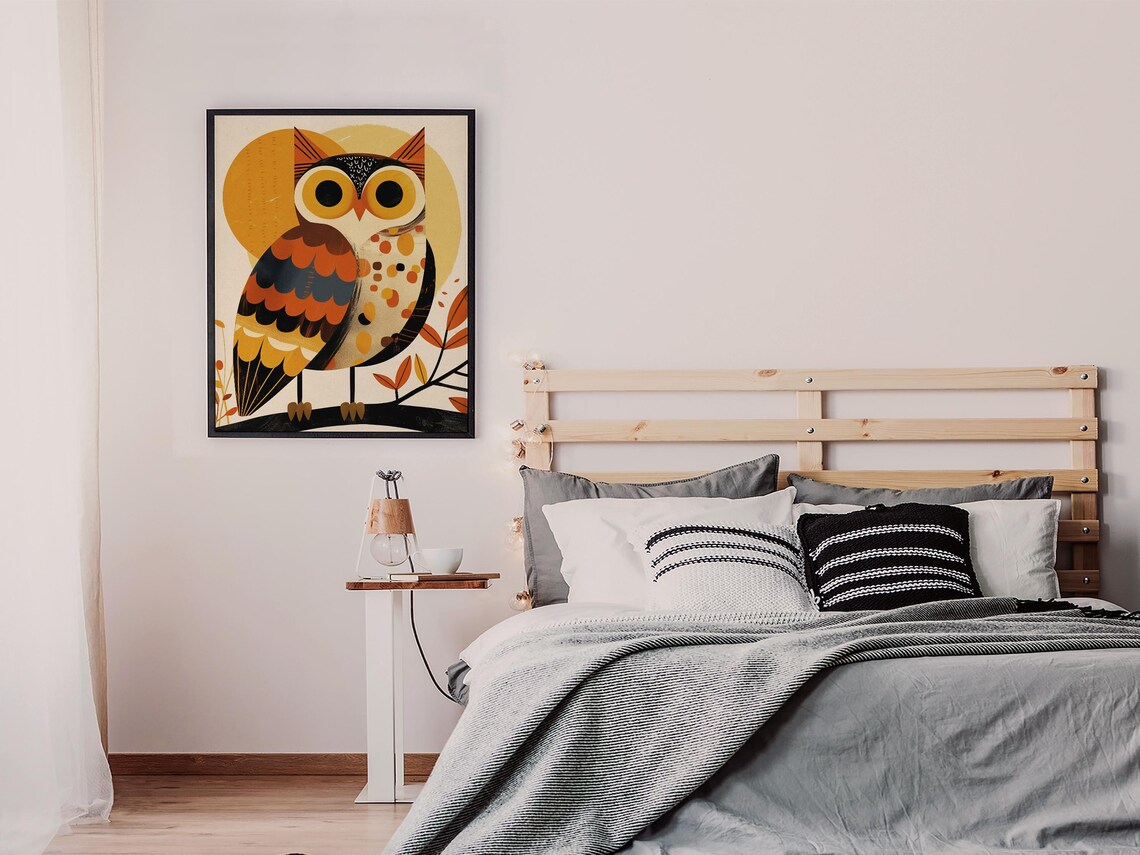Whimsical Folk Art Owl on a Branch with a Warm Golden Sun Poster - Image 6
