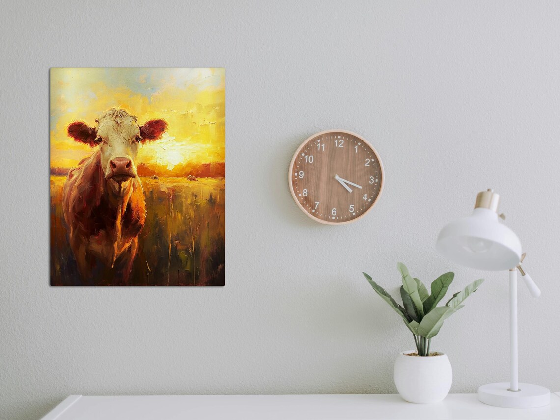 Impressionist Cow Portrait in a Sunlit Field at Golden Sunset Poster - Image 5