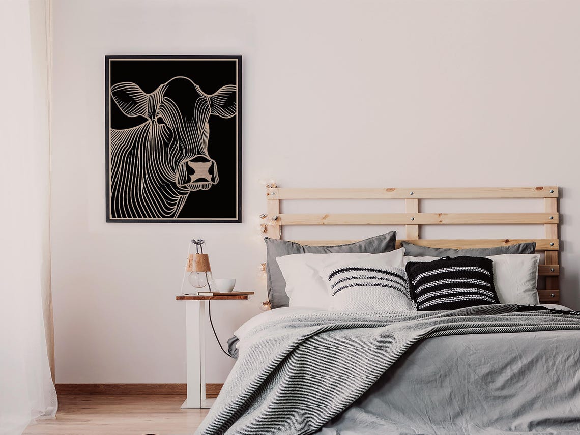 White Line Art Cow Head on a Dramatic Black Background Poster - Image 7