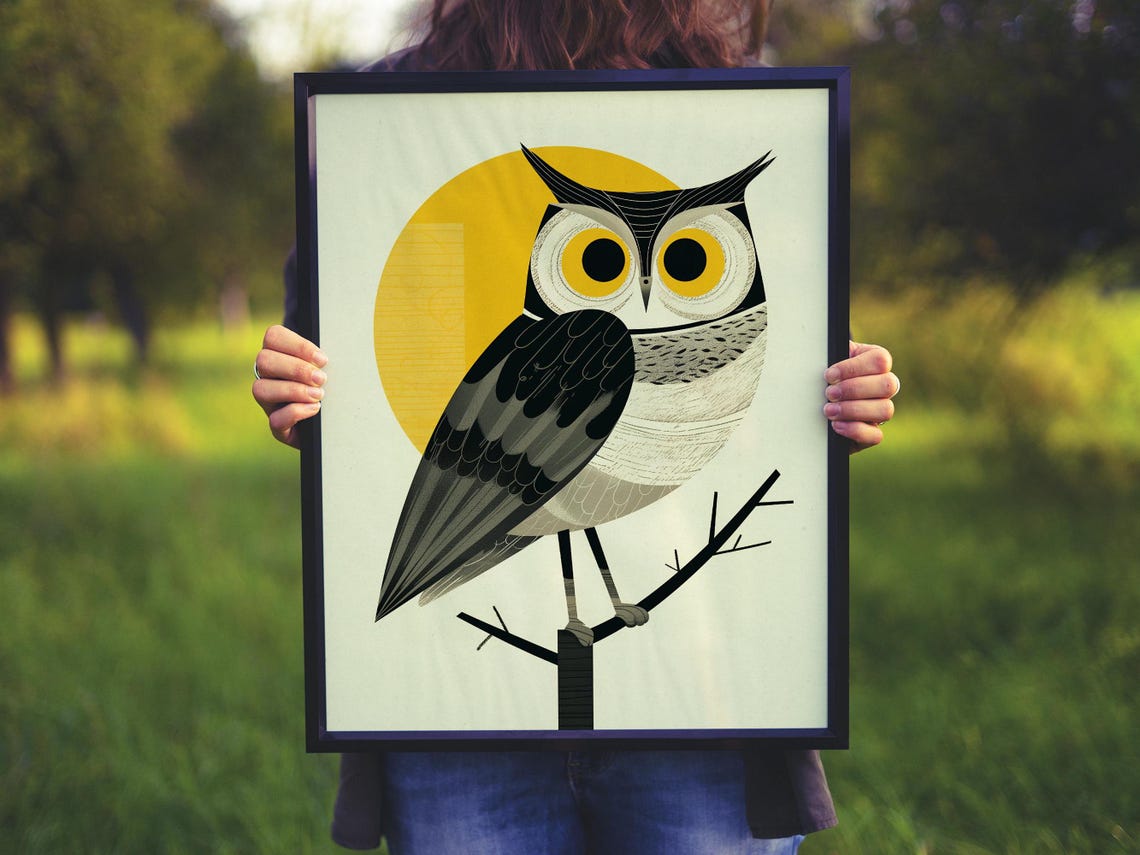 Retro Geometric Owl Perched on a Branch Under a Golden Sun Poster - Image 5