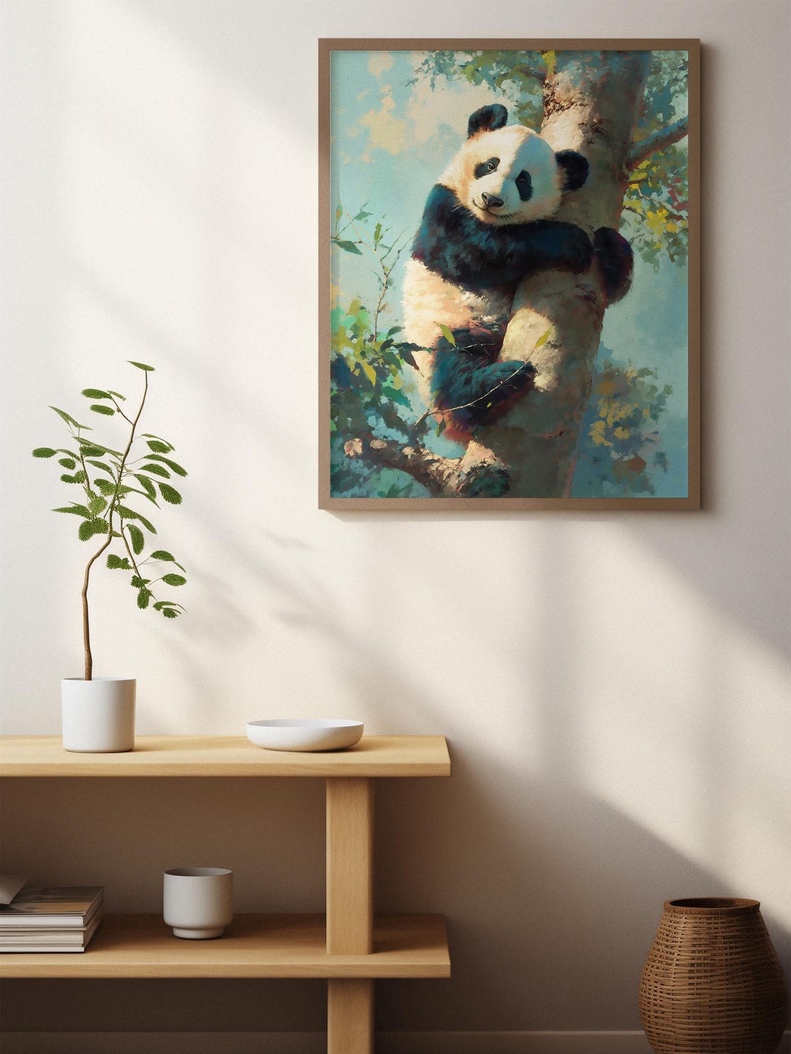Adorable Panda Cub Hugging a Tree Trunk in Dreamy Soft Colors Poster - Image 2