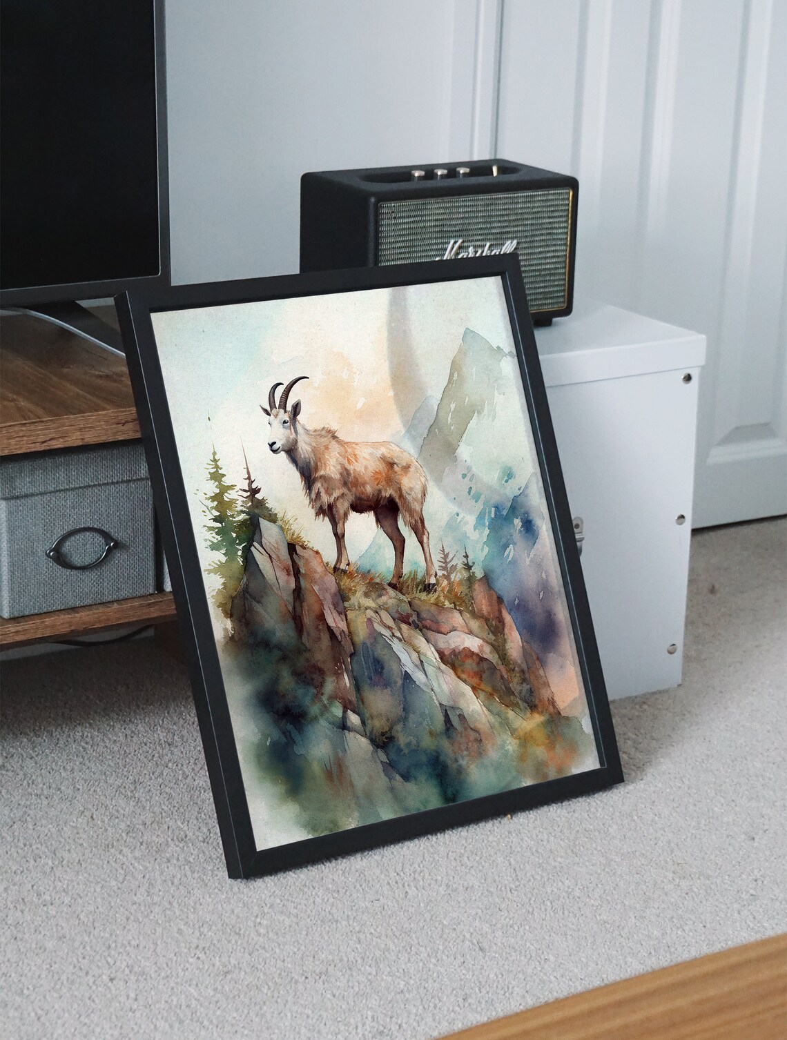 Mountain Goat on Rocky Cliff Watercolor Alpine Wildlife Poster - Image 6