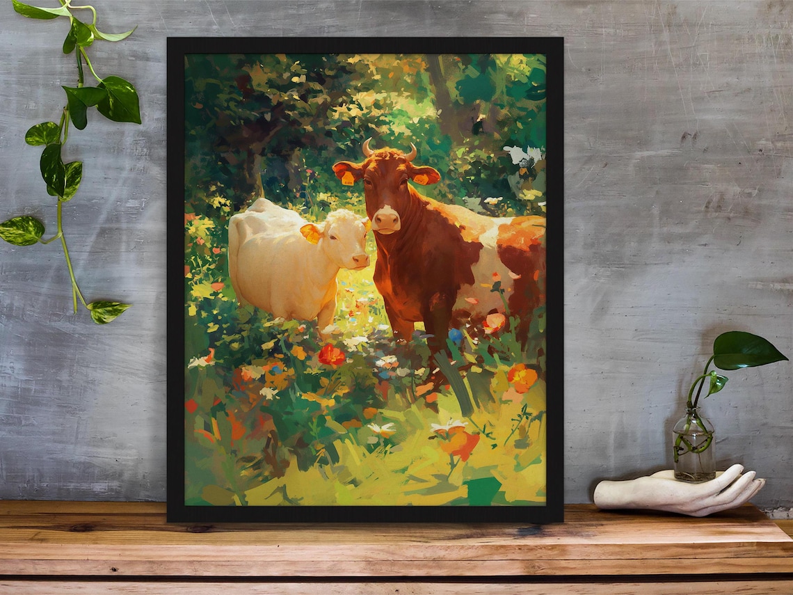 Brown Cow and White Calf in a Sunny Wildflower Meadow Poster - Image 5