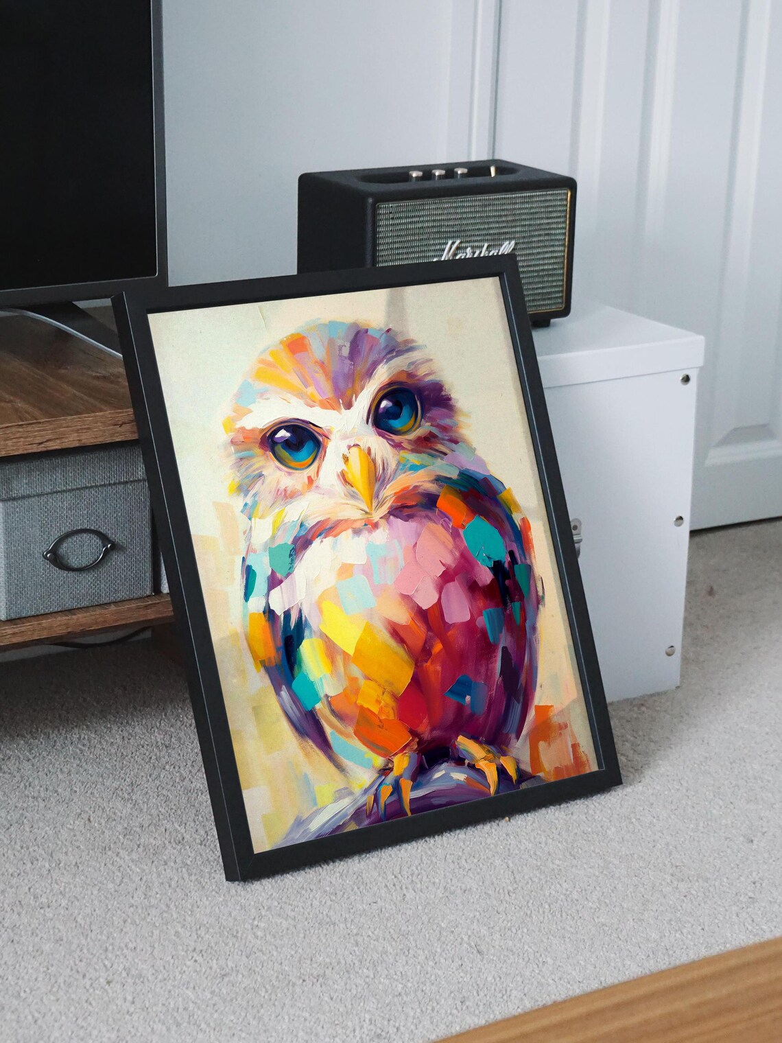 Colorful Mosaic Owl With Striking Blue Eyes on Cream Background Poster - Image 7
