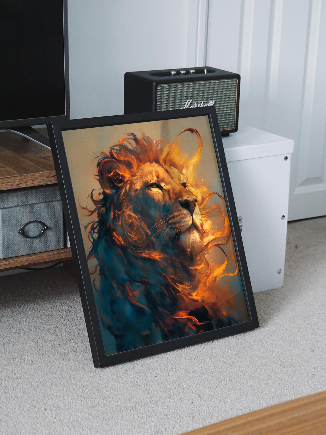 Regal Lion Profile with a Fiery Mane in Teal and Amber Poster - Image 8