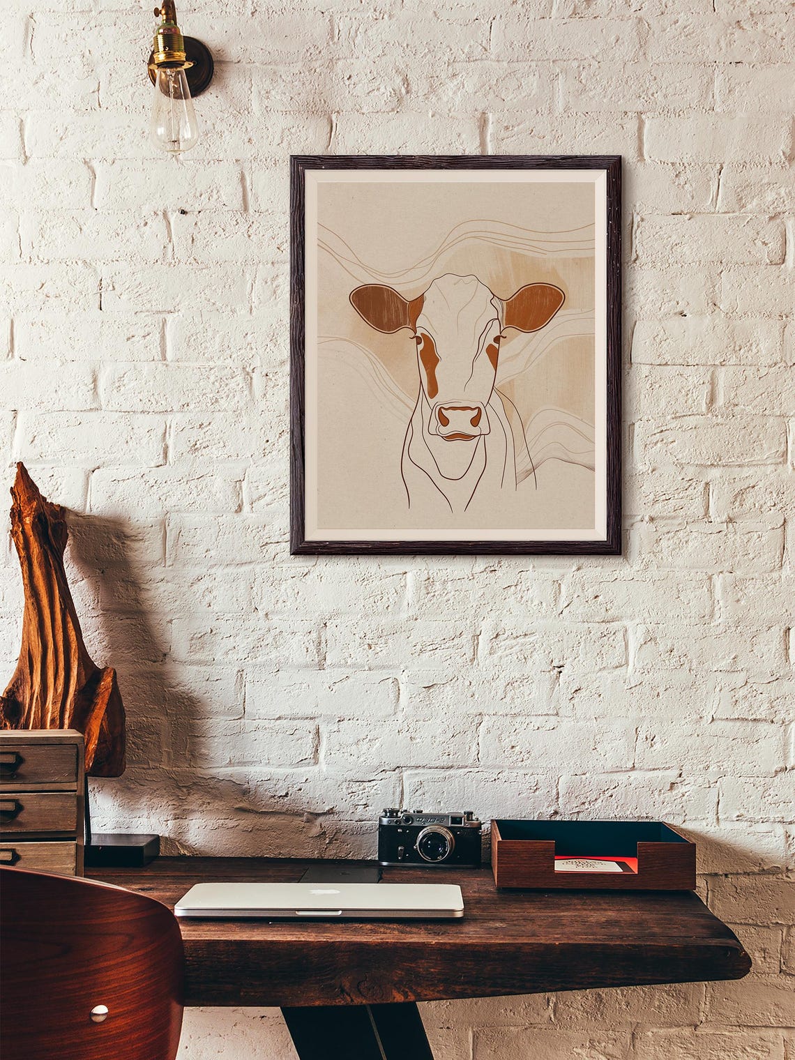 Terracotta Line Drawing of a Cow on a Warm Beige Canvas Poster - Image 3