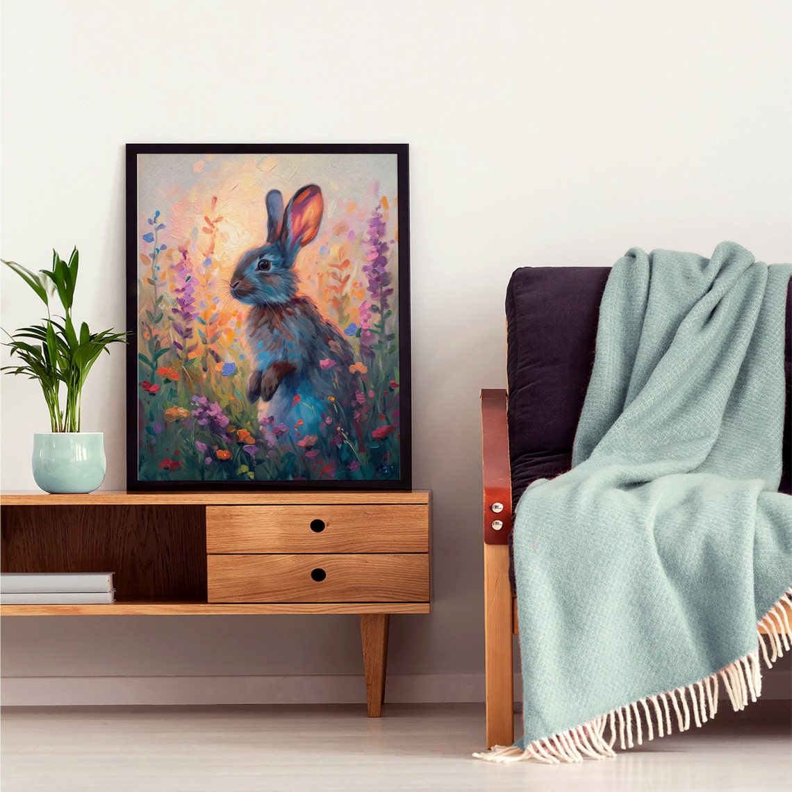 Bunny Rabbit in Lavender Meadow Sunset Oil Painting Art Poster - Image 8