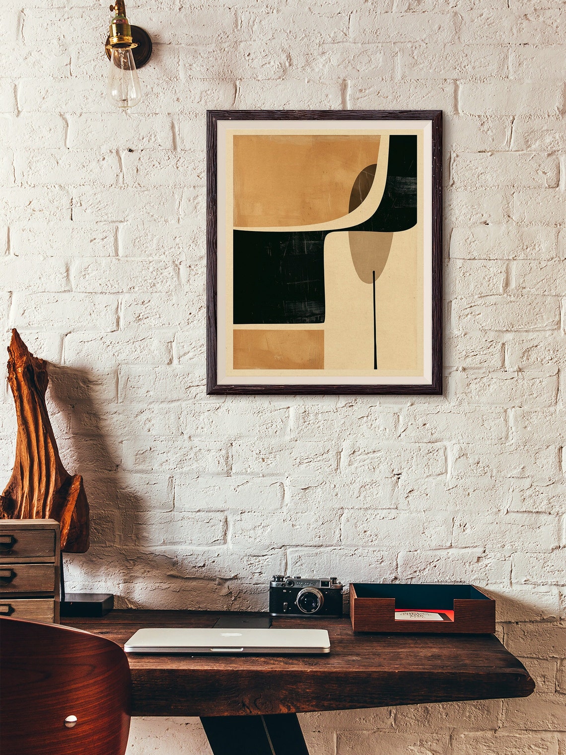 Minimalist Tan and Deep Teal Abstract Mid Century Art Poster - Image 3