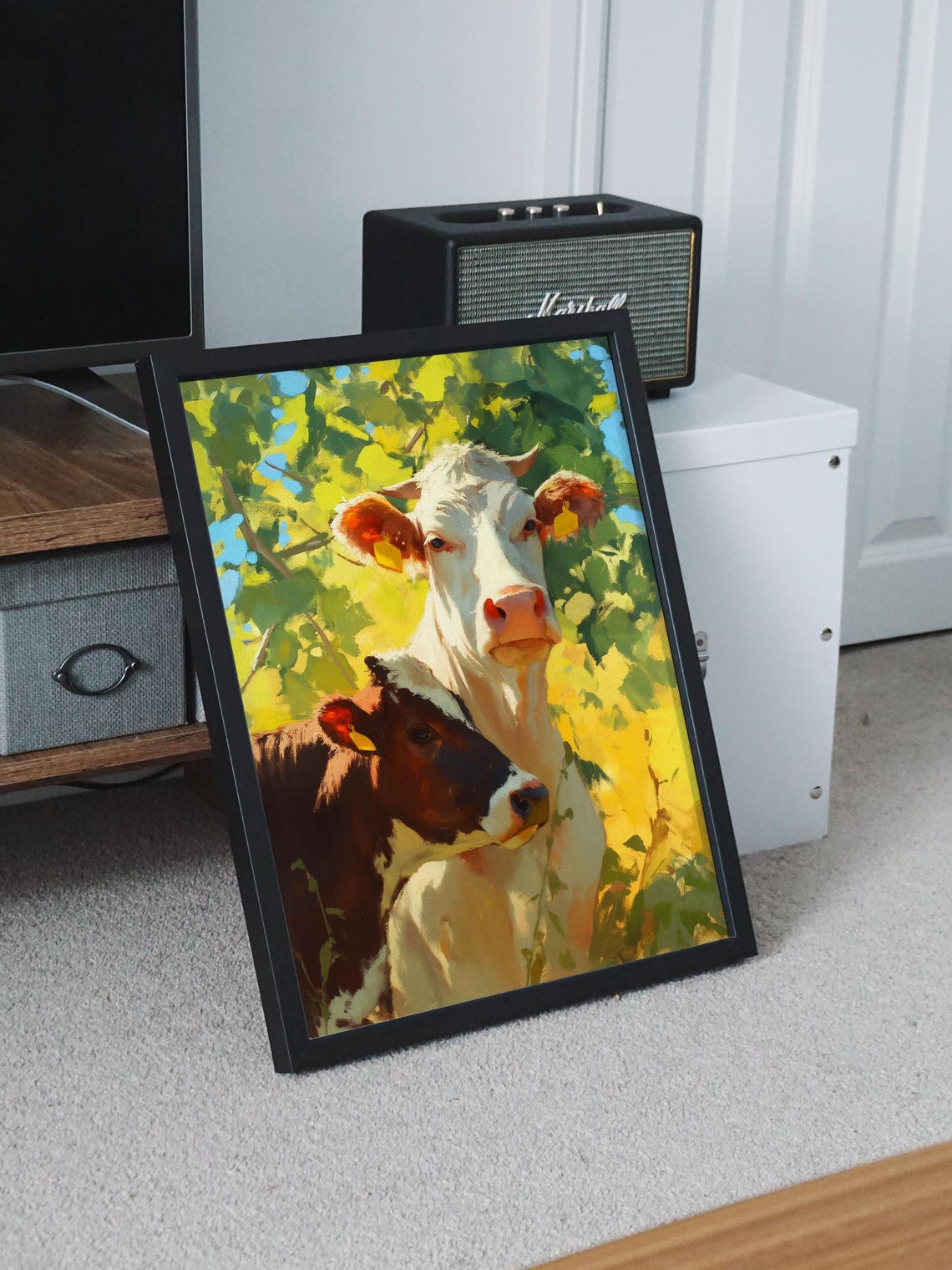 Sweet White Cow and Calf Together Under Sunlit Green Leaves Poster - Image 7