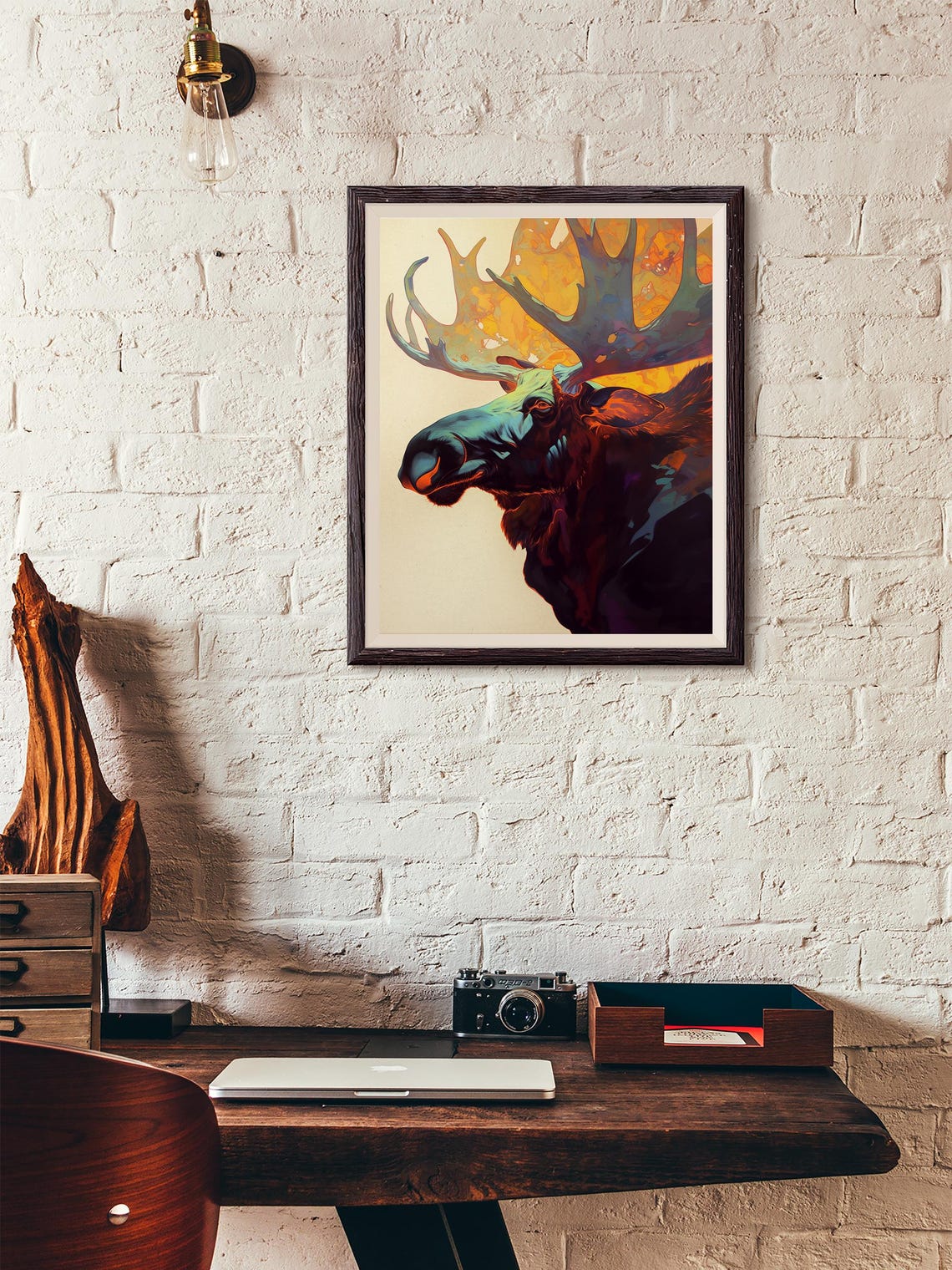 Moose Profile With Glowing Antlers in Dark Amber Forest Colors Poster - Image 4