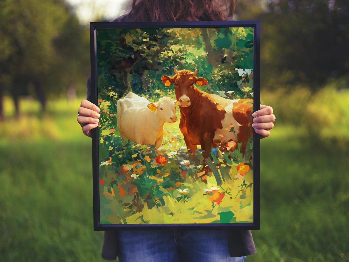 Happy Brown Cow and White Calf Among Summer Wildflowers Poster - Image 8