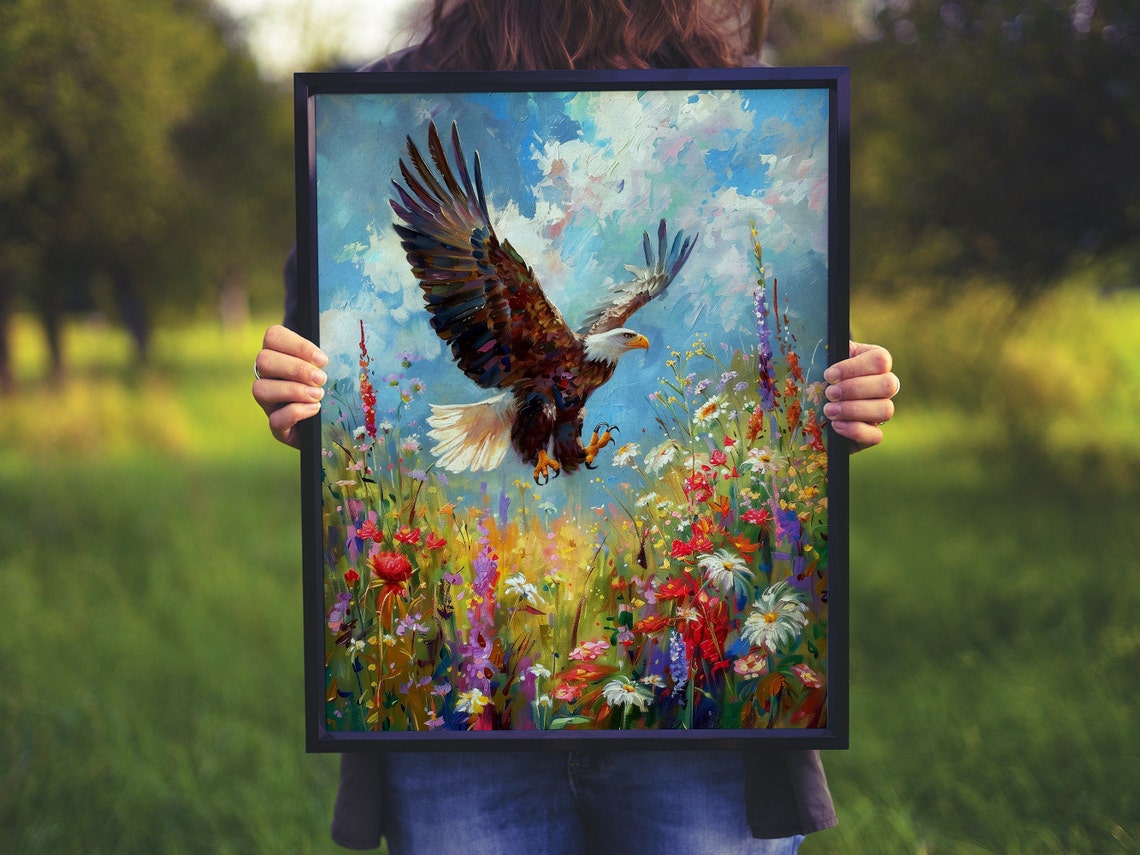 Bald Eagle Soaring Over Wildflower Meadow Oil Painting Poster - Image 5