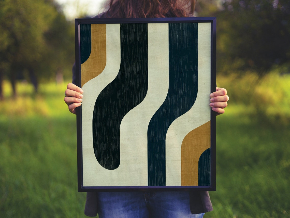 Vertical Wavy Stripes Navy Cream Ochre Retro Abstract Poster - Image 7
