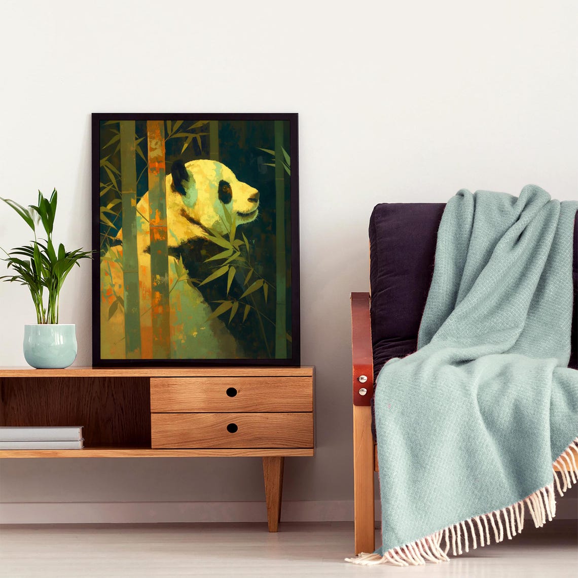 Moody Giant Panda Profile Peeking Through Dark Teal Bamboo Art Poster - Image 6