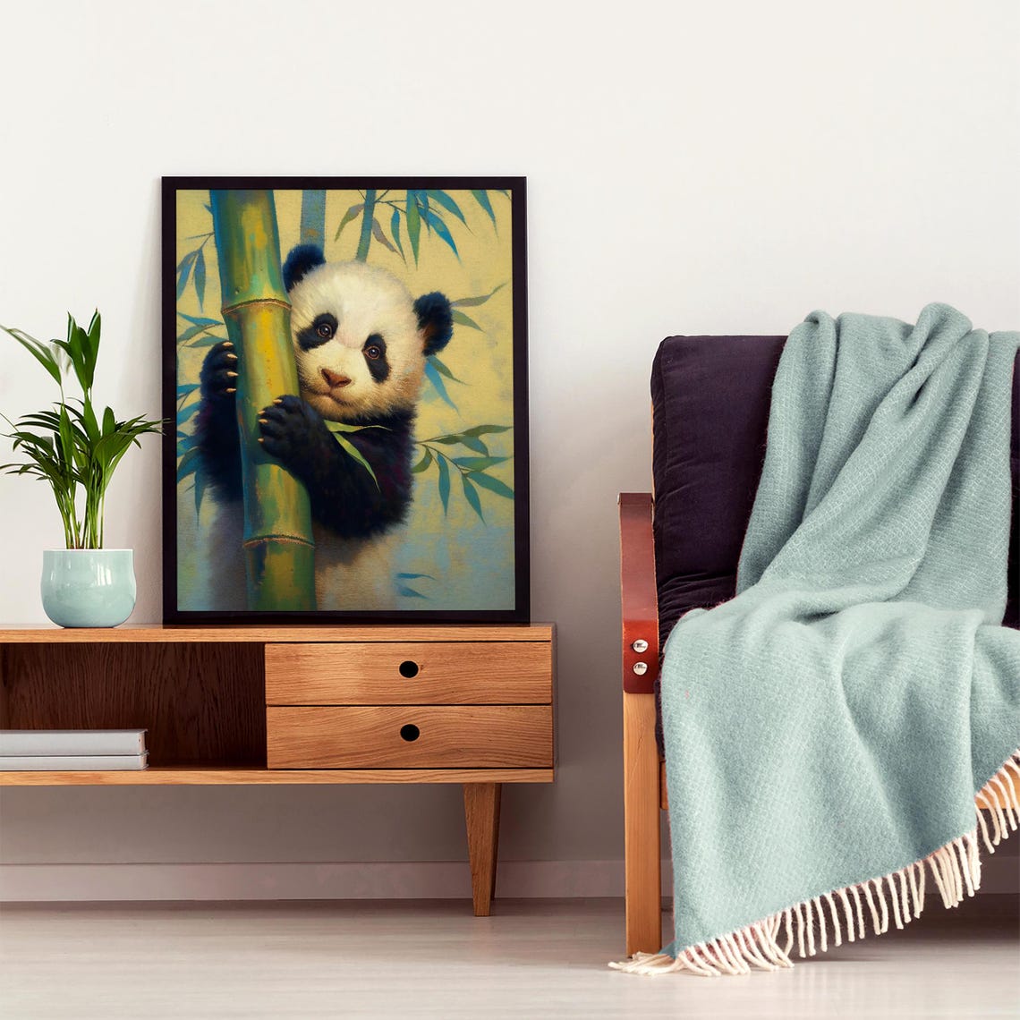 Baby Panda Peeking From Behind Bamboo in Warm Golden Light Art Poster - Image 6