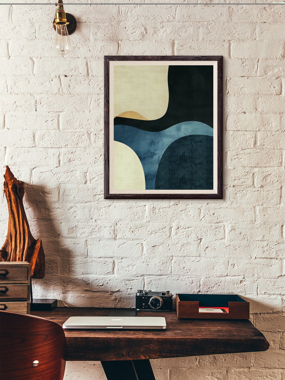 Navy Blue Cream Organic Waves Minimalist Abstract Art Poster - Image 5