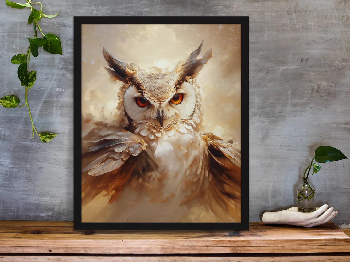 Fierce Great Horned Owl Close-Up with Intense Orange Eyes Poster - Image 2