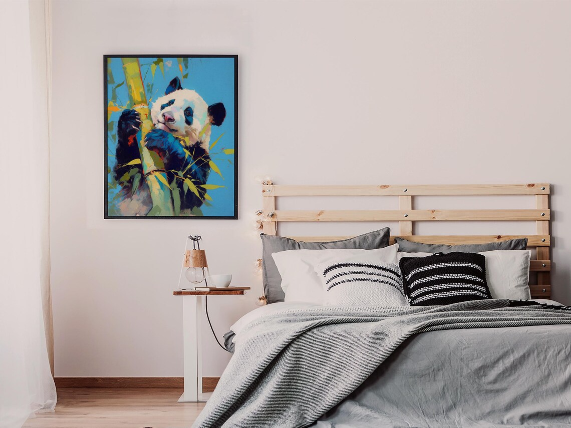 Colorful Giant Panda Hugging Bamboo Against a Bright Blue Sky Poster - Image 7