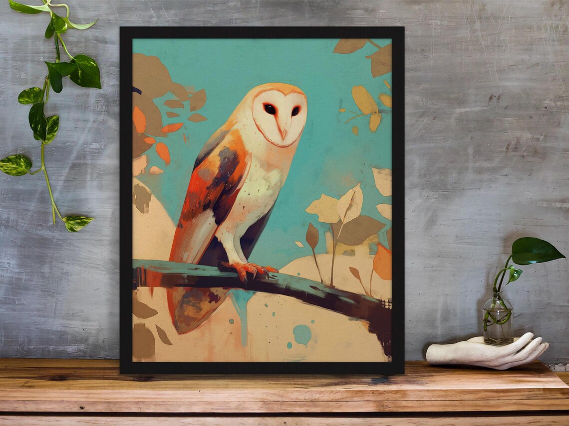 Barn Owl on a Branch in Teal and Coral Watercolor Style Poster - Image 6