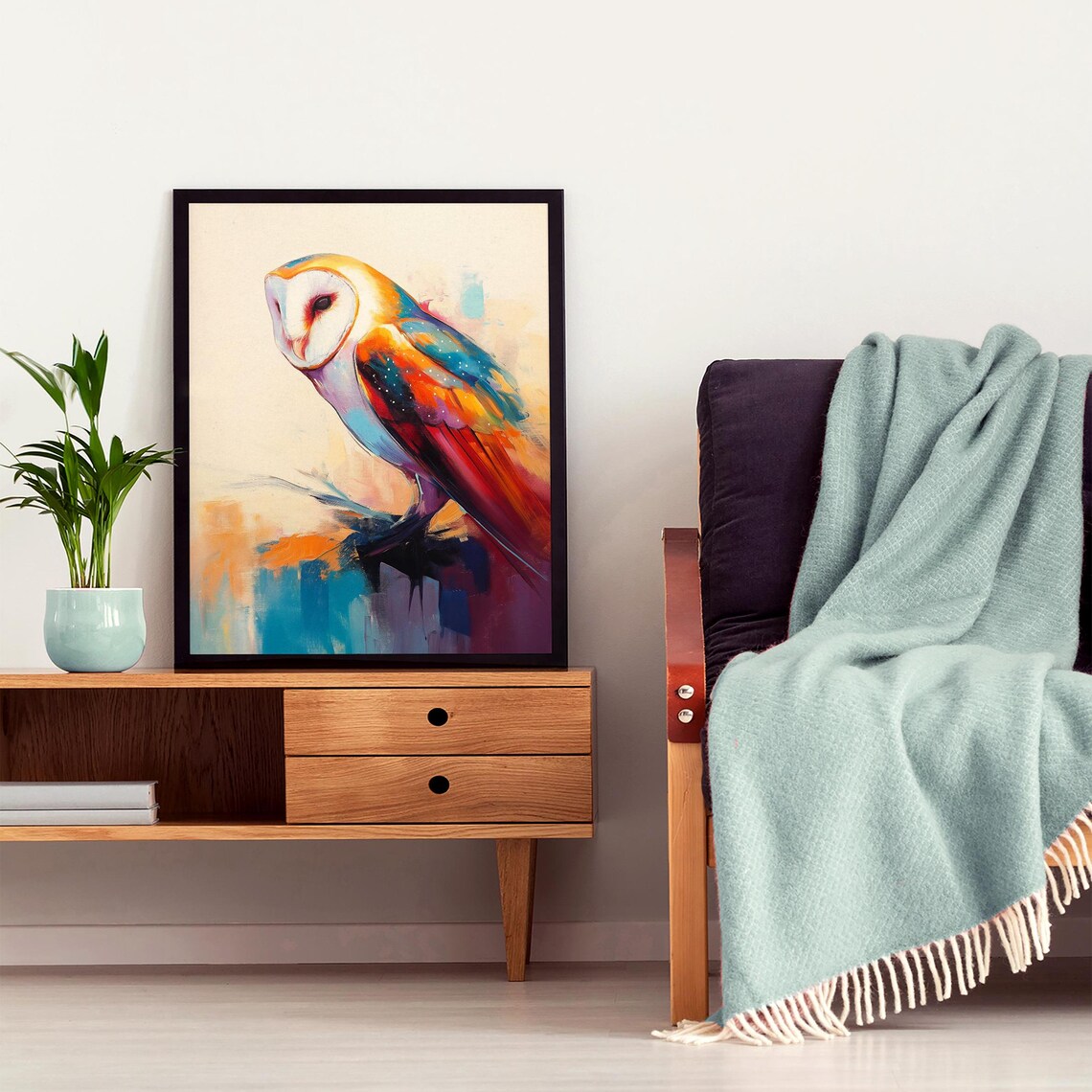 Barn Owl in Profile With Rainbow Painted Plumage on Cream Poster - Image 7