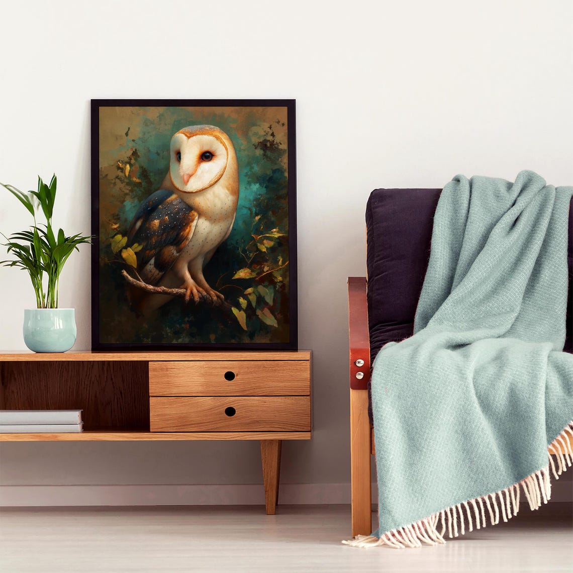 Barn Owl Perched on a Branch in Moody Forest Green Tones Poster - Image 6