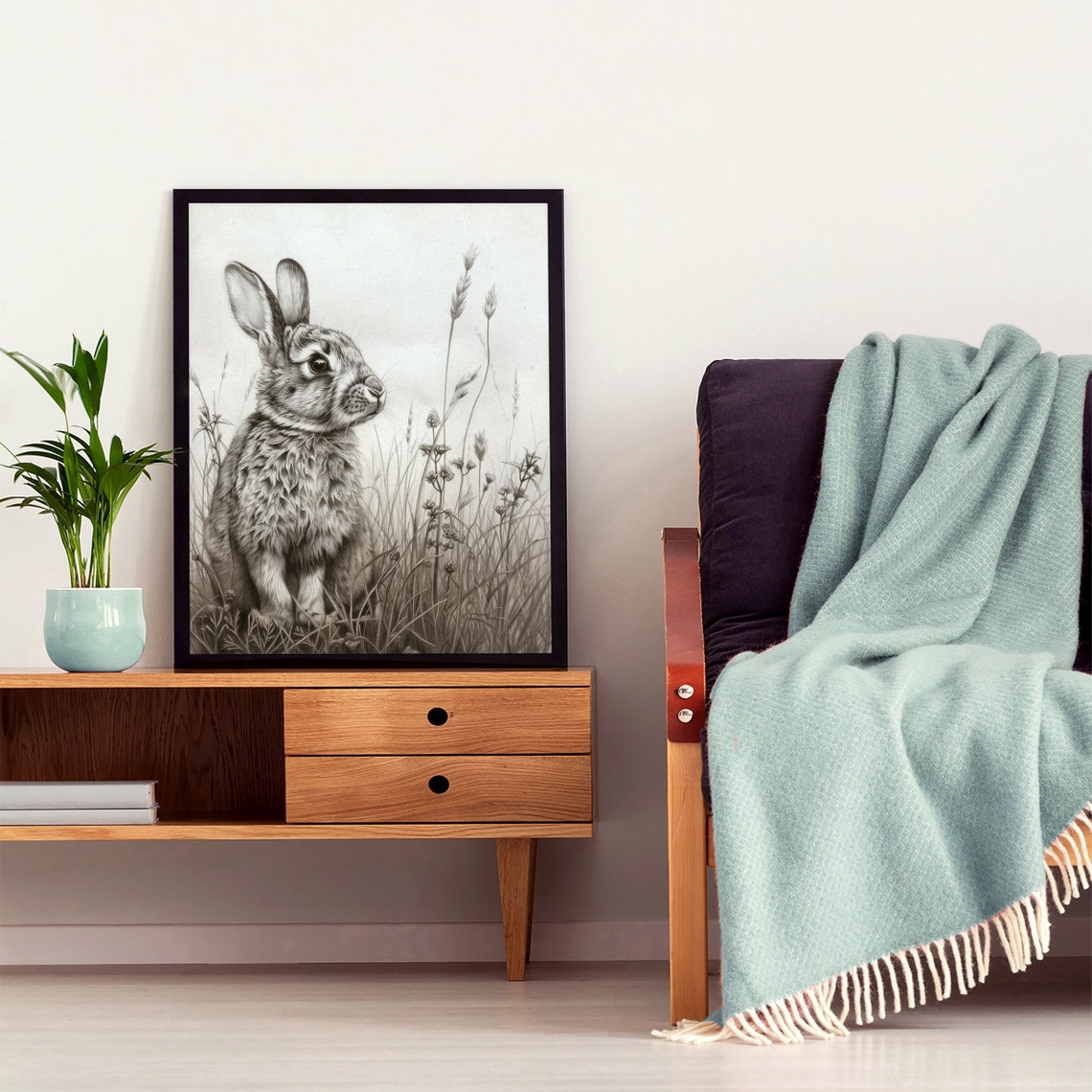 Rabbit in Tall Grass Graphite Pencil Drawing Wildlife Poster - Image 4