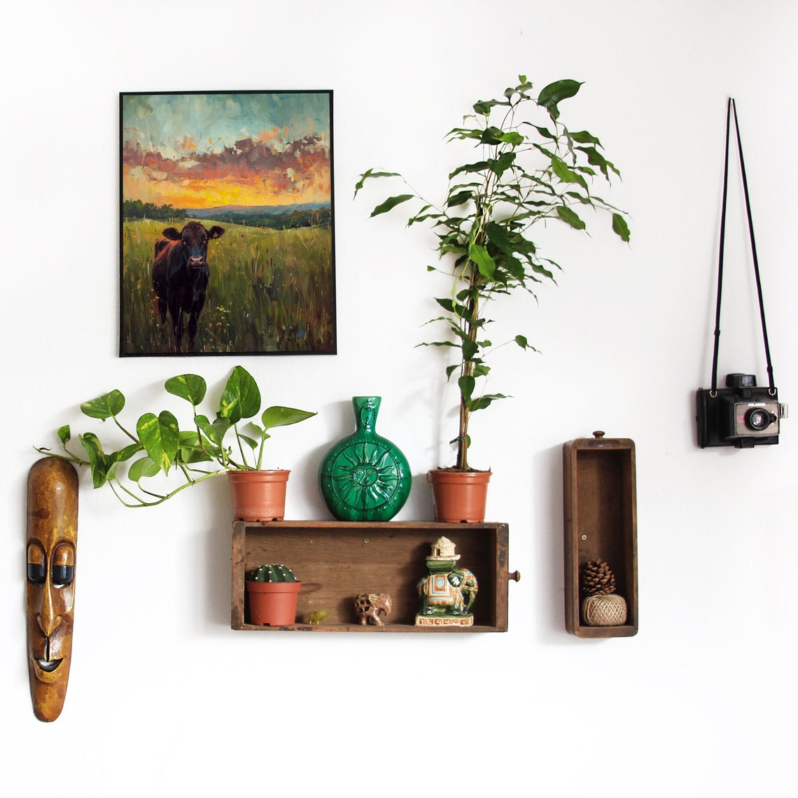 Black Cow in a Green Pasture Under a Beautiful Glowing Sunset Poster - Image 2