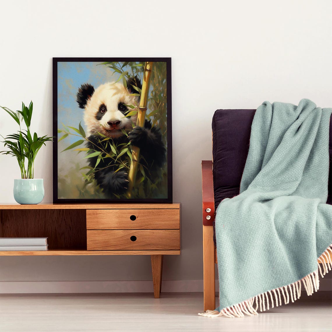 Sweet Baby Panda Hugging a Bamboo Stalk in Soft Pastel Tones Poster - Image 6