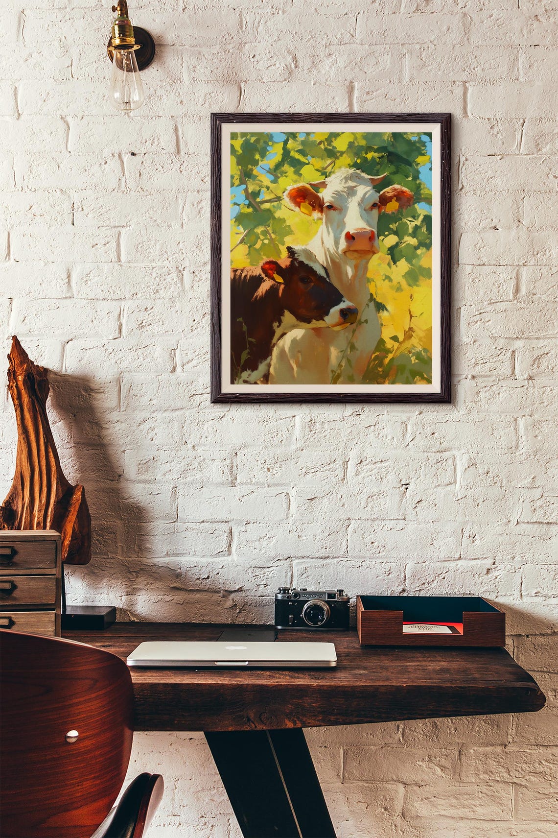 Sweet White Cow and Calf Together Under Sunlit Green Leaves Poster - Image 3