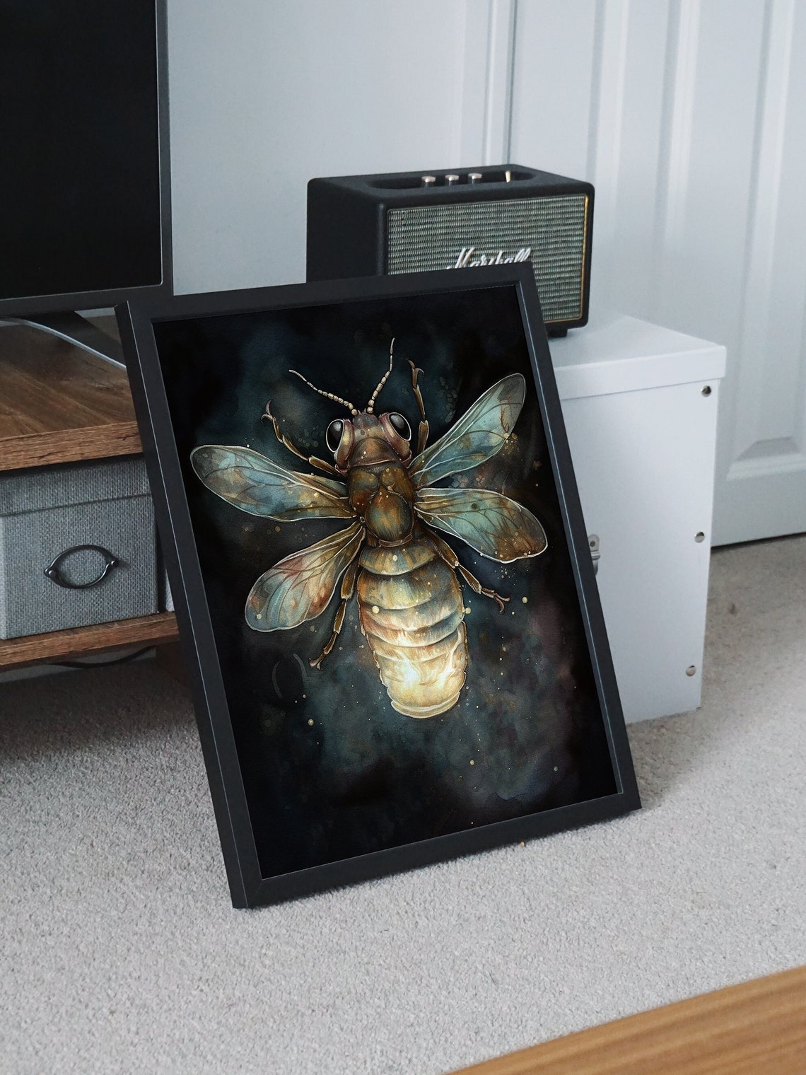 Honeybee Close-Up on Dark Background with Glowing Bee Art Poster - Image 7
