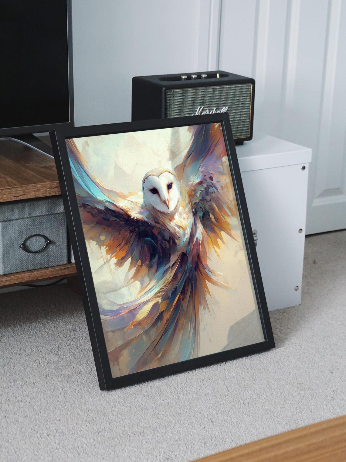 Soaring Barn Owl in Flight with Sweeping Abstract Wings Poster - Image 8