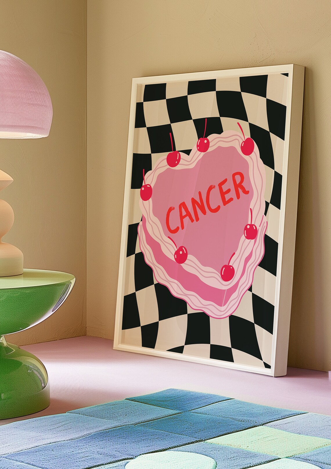 Cancer Zodiac Sign Pink Heart Cake with Cherries Checkerboard Poster - Image 3